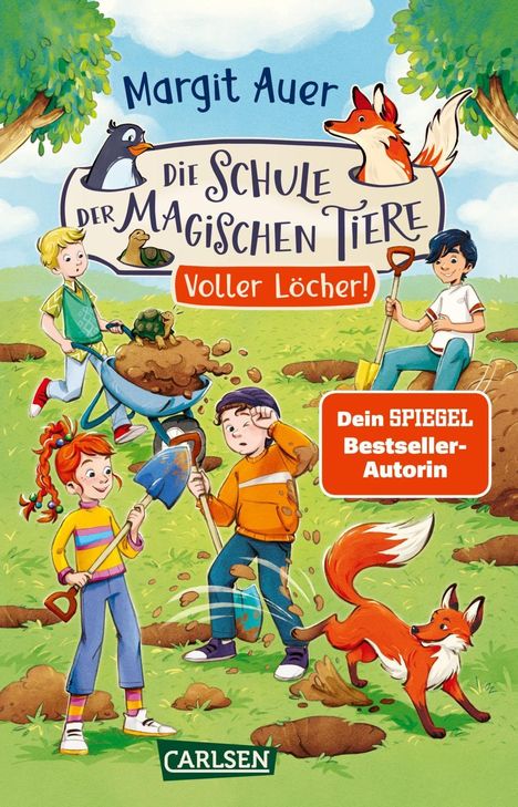 Text: "Margit Auer, Die Schule der magischen Tiere - Voller Löcher!, Dein SPIEGEL Bestseller-Autorin". Illustration: Kinder, Tiere.