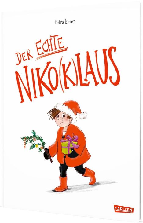 Text: "Der echte Niko(l)laus" von Petra Eimer. Illustration: Kind in rotem Mantel mit Geschenk und Zweig. Rechteckiges Logo unten.