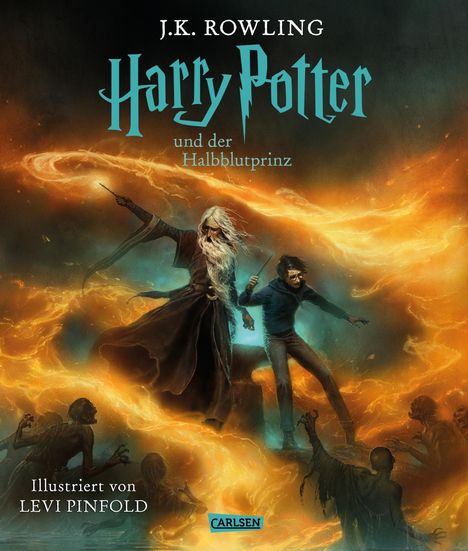 "Harry Potter und der Halbblutprinz" von J.K. Rowling, illustriert von Levi Pinfold. Zwei Figuren umgeben von Flammen.