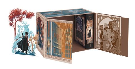 Aufklappbare Buchbox mit "Harry Potter" Cover und Illustrationen von Figuren, blauem Tor und Zauberstab schwingendem Jungen.