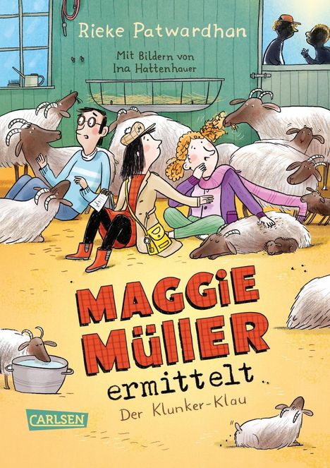 "Maggie Müller ermittelt: Der Klunker-Klau". Illustration vieler Schafe, drei Personen schauen nachdenklich, zwei Schatten.