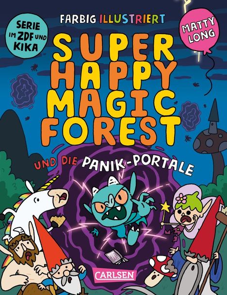 Bunte, verspielte Illustration: Ein Goblin in einem Portal, umgeben von Einhorn, Zwerg und Waldwesen, Text: „Super Happy Magic Forest“.