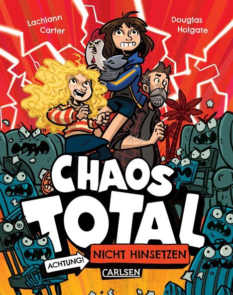 "Chaos Total: Nicht Hinsetzen" steht in großen Buchstaben auf rotem Hintergrund. Comicfiguren und Roboter sind abgebildet.