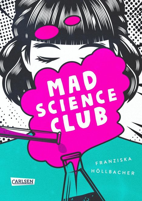 „MAD SCIENCE CLUB“ in großer Schrift, zwei Laborgefäße, eine Person mit Pony und geschlossenen Augen, Comic-Stil.