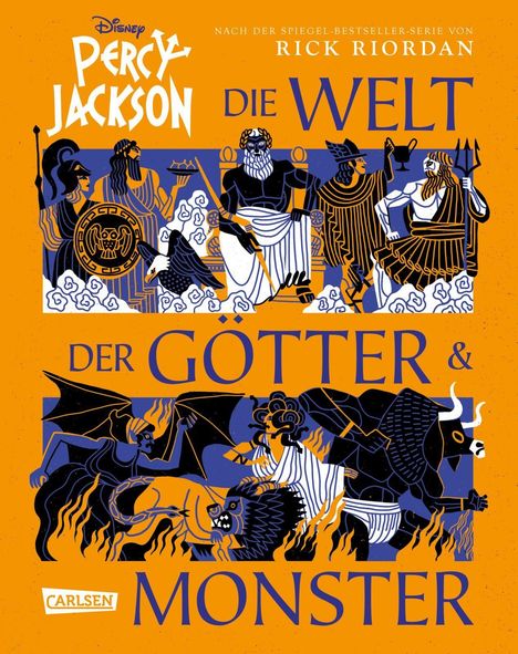 „Die Welt der Götter & Monster“. Antike griechische Götter und Kreaturen in Blau und Schwarz auf orangenem Hintergrund.