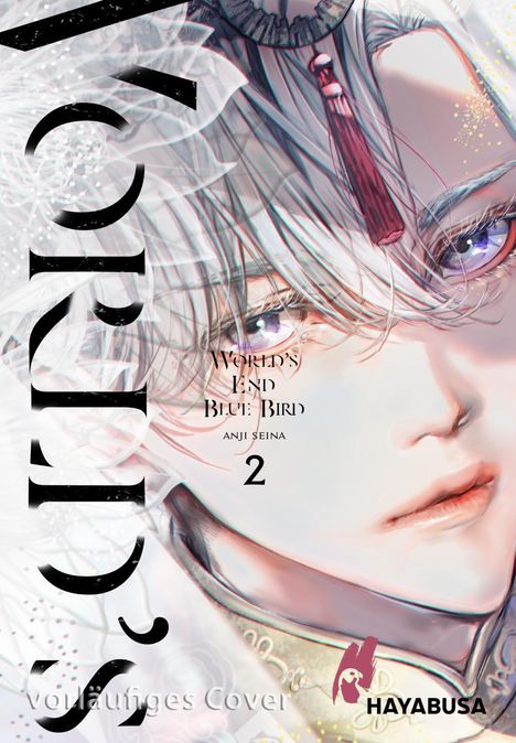 Worte: "World's End Blue Bird, Anji Seina, 2". Illustration eines Gesichts mit bunten Augen und detailreichem Design.