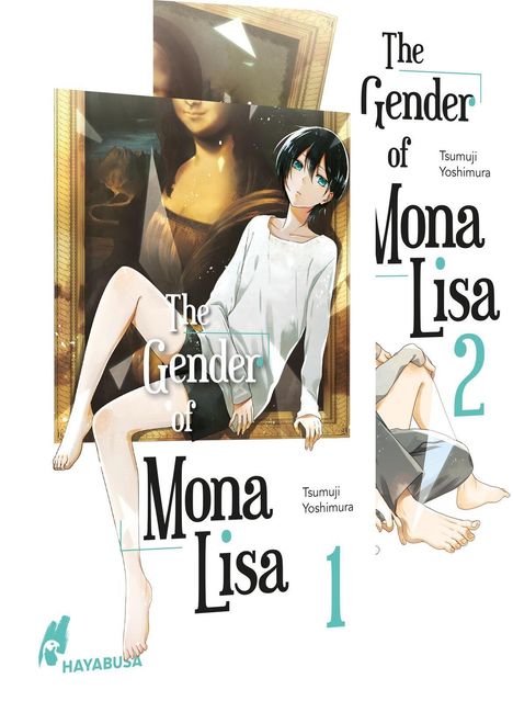 „The Gender of Mona Lisa“, Tsumuji Yoshimura, Nummer 1. Bild einer Figur vor Mona Lisa-Gemälde. Logo unten links.