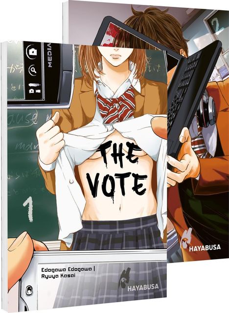 "The Vote" ist auf einem freigelegten Bauch geschrieben. Zwei Manga-Buchcover mit Schülern in Schuluniform. Hayabusa-Logo.