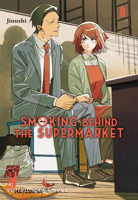 Text: "Smoking Behind the Supermarket". Eine Illustration zeigt zwei Personen auf einer Bank.