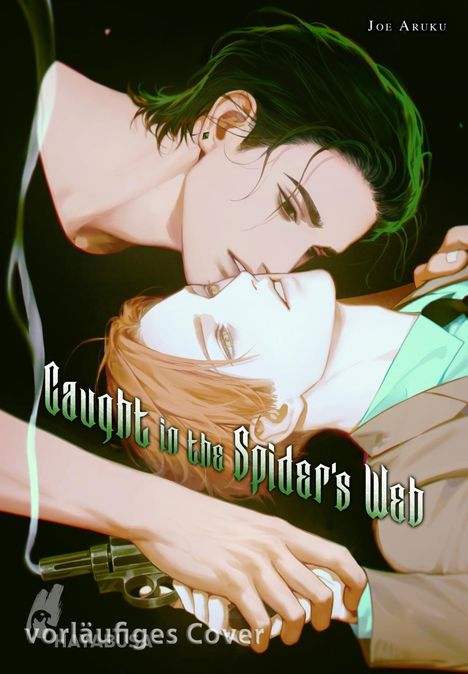 Text: "Caught in the Spider's Web", "Joe Aruku", "Vorläufiges Cover". Zwei Personen in enger Pose, eine hält eine Pistole.