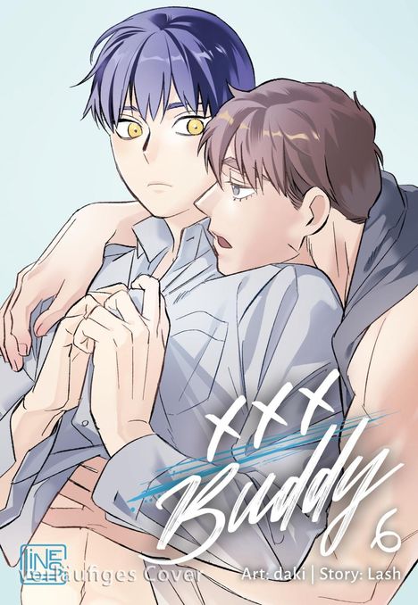 „XXX Buddy 6“, Art: daki, Story: Lash. Zwei Männer in enger Umarmung, einer mit lila Haaren und gelben Augen, der andere mit braunen Haaren.