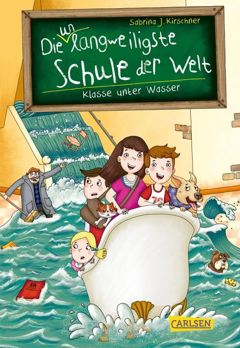 Text: "Die unlangweiligste Schule der Welt. Klasse unter Wasser." Illustration mit Kindern und Tieren in Überschwemmung.