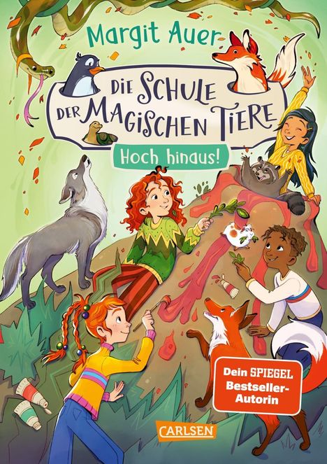 Text: "Margit Auer - Die Schule der magischen Tiere - Hoch hinaus!" Illustration von Kindern und Tieren auf einem Vulkan.