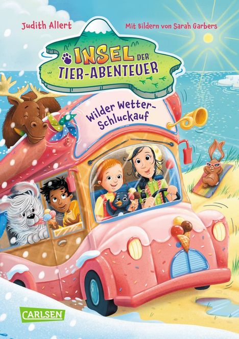 "Insel der Tier-Abenteuer: Wilder Wetter-Schluckauf" in farbenfroher Illustration mit Kindern, Tieren und Eiswagen im Schnee.