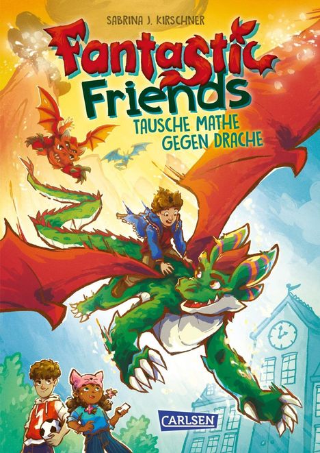 "Fantastic Friends: Tausche Mathe gegen Drache." Eine bunte Illustration mit fliegenden Drachen und Kindern in Aktion.