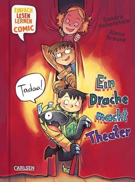 Text: "Ein Drache macht Theater", "Tadaa!", "Einfach Lesen Lernen Comic". Drei Kinder und ein Drache hinter einem Vorhang.