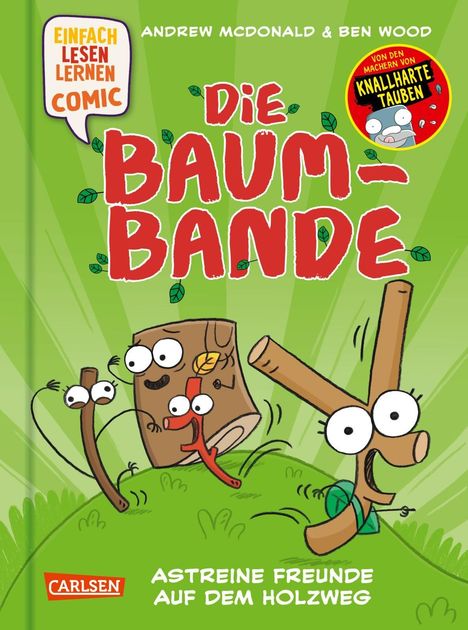 "Die Baumbande" Comic-Cover: Fröhliche, animierte Äste mit Augen und Mund auf grünem Hintergrund.