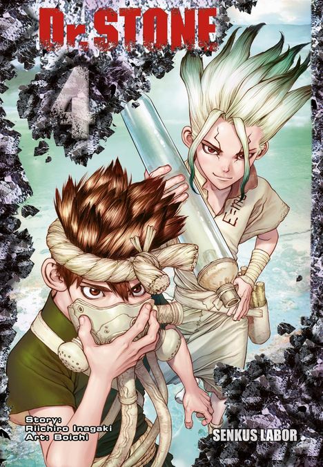 "Dr. Stone 4", "Senkus Labor". Zwei Manga-Charaktere: einer hält ein Reagenzglas, der andere trägt eine Maske.