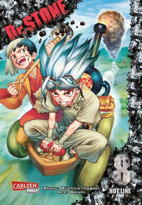 „Dr.STONE“, „Story: Riichiro Inagaki“, „Art: Boichi“. Zwei Figuren fahren auf einem skurrilen Wasserfahrzeug über eine Landschaft.