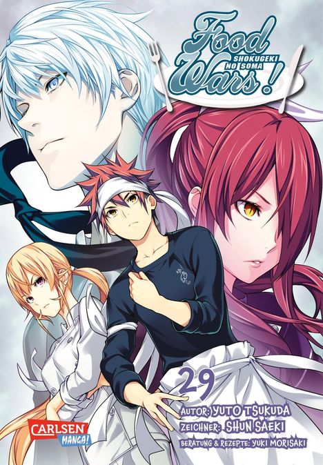„Food Wars! Shokugeki no Soma“, Manga-Cover mit vier Charakteren in dynamischer Pose. Links unten Carlsen Manga-Logo.