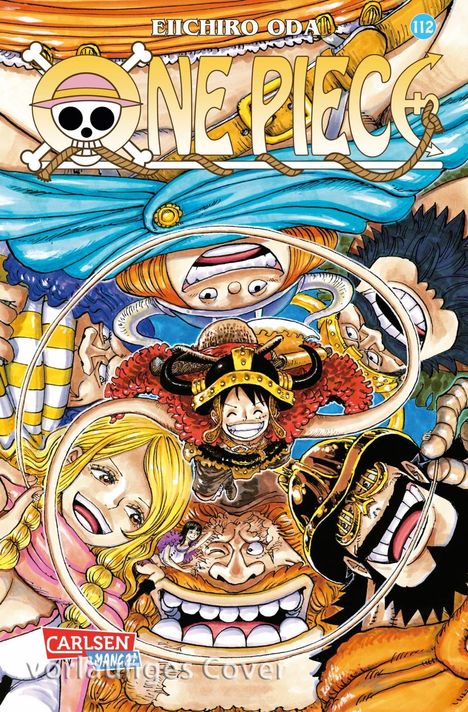 Logo und Text: "ONE PIECE", "Eiichiro Oda", Band 112. Fröhliche Charaktere mit Hüten und vielfältigen Gesichtsausdrücken.