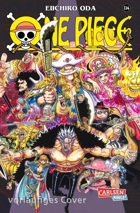 Vordergrund: "vorläufiges Cover", "ONE PIECE", abenteuerliche Piratenfiguren in dynamischen Posen, lebhaft und bunt.