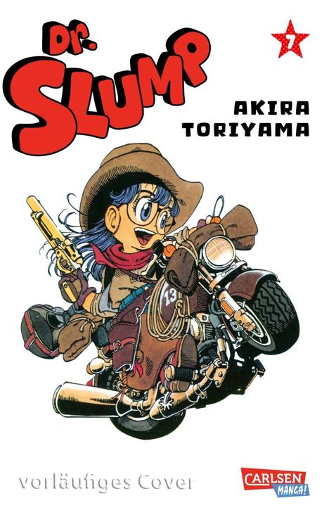 „Dr. Slump“, „Akira Toriyama“. Illustration: Kind auf Motorrad, Cowboy-Stil, rote Schrift, Stern mit der Zahl 7.