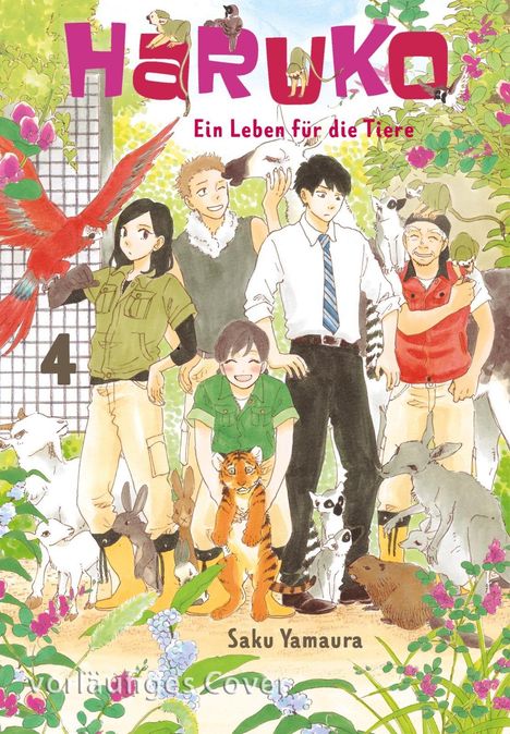 **Haruko: Ein Leben für die Tiere**. Illustration mit Menschen und Tieren, darunter Papagei, Tigerbaby und Hasen.