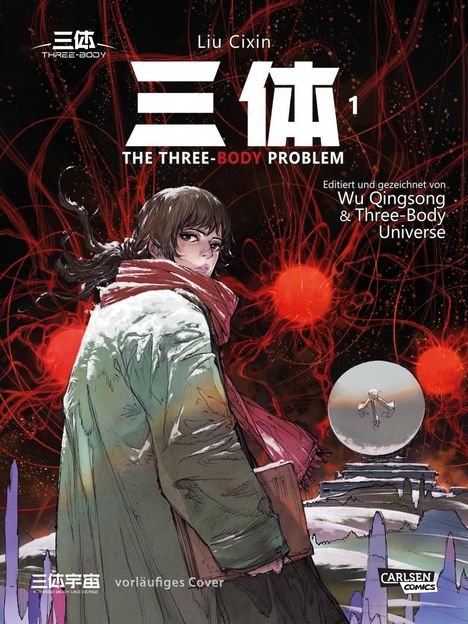 „三体 THE THREE-BODY PROBLEM 1“ von Liu Cixin, Illustration von Wu Qingsong. Eine Person mit Schal in winterlicher Landschaft.