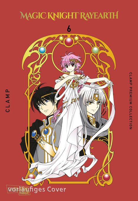 "Magic Knight Rayearth 6" steht oben, darunter ein Manga-Cover in Rot mit drei Figuren in prunkvollen Gewändern.