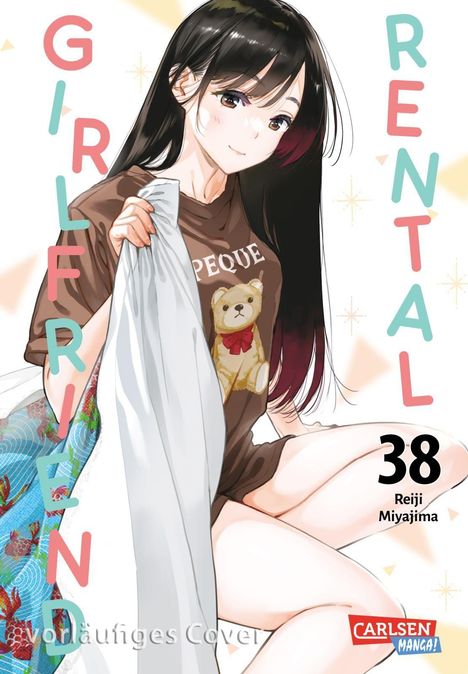 Text: "GIRLFRIEND RENTAL 38 Reiji Miyajima". Illustration: Ein Mädchen mit langen Haaren, hält ein Kissen. Carlsen Manga-Logo unten.