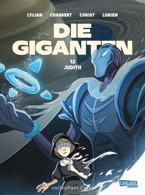 Text: "DIE GIGANTEN 12 JUDITH". Ein blauer Roboter, ein schwebender Ring, ängstliches Mädchen unten.