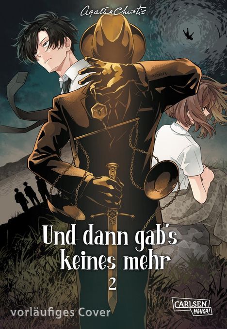 „Und dann gab's keines mehr 2“ und „vorläufiges Cover“. Ein stilvolles Manga-Cover mit drei Figuren und einem Schwert.