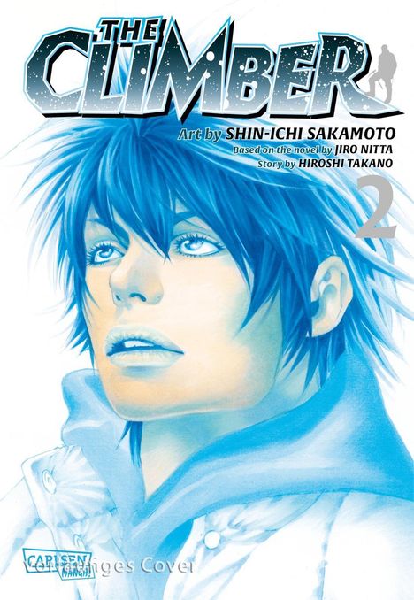 "The Climber", Art von Shin-ichi Sakamoto, basierend auf einem Roman von Jiro Nitta. Junge mit blauem Haar in stilisierter Kunst.