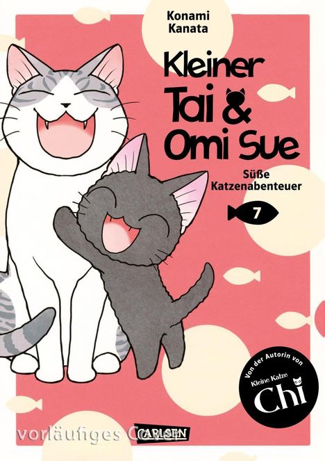 "Kleiner Tai & Omi Sue", "Süße Katzenabenteuer", Illustration zwei fröhlicher Katzen vor rosa Hintergrund mit Fisch-Silhouetten.