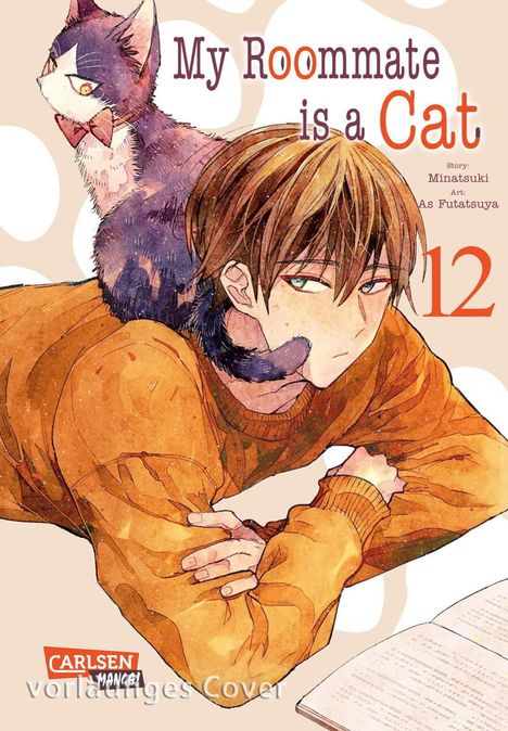 "My Roommate is a Cat" steht oben. Unten "vorläufiges Cover". Ein junger Mann in Orange liegt neben einer Katze.