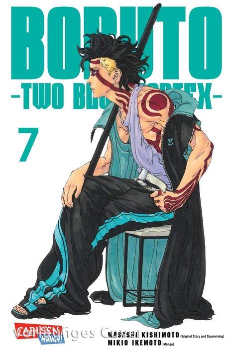 "Boruto -Two Blue Vortex- 7" in großen türkisen Buchstaben. Illustration eines Mannes mit Stab und auffälligen Tätowierungen.