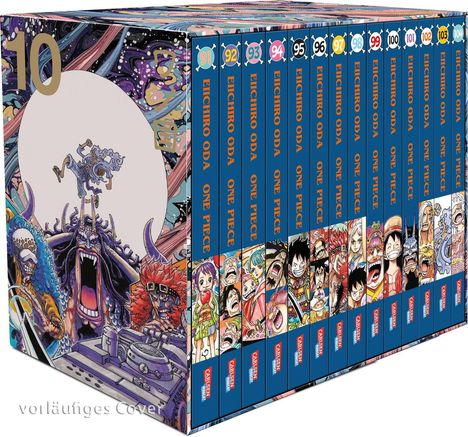Box-Set der Manga-Reihe "One Piece" von Eiichiro Oda, Bände 91-104. Bunte, detailreiche Illustrationen der Charaktere.