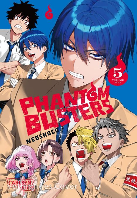 "PHANTOM BUSTERS", "NEOSHOCO", "5 VOLUME FIVE". Anime-Stil-Bild, junge Menschen in Schuluniformen, dynamische Posen.