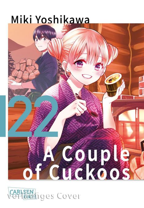 Miki Yoshikawa, 122, A Couple of Cuckoos. Illustration: Junge Frau mit zwei Dutts und Tee, junger Mann mit Holzscheiten.