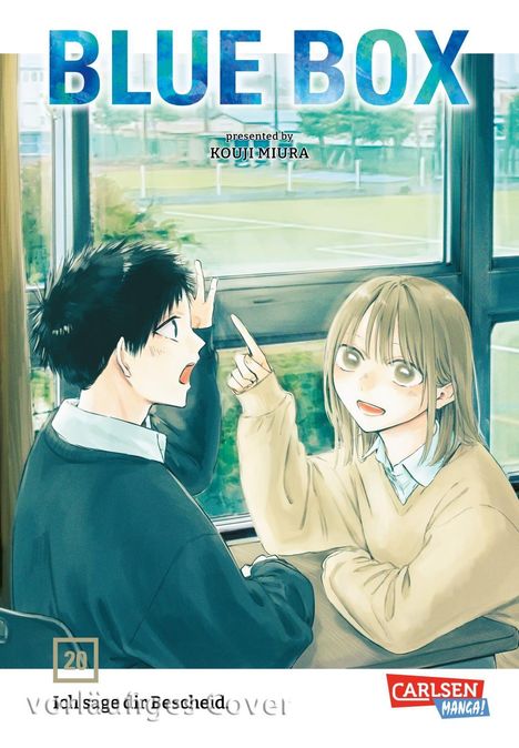 "BLUE BOX", "presented by KOUJI MIURA", "Ich sage dir Bescheid". Zwei Jugendliche im Klassenzimmer.