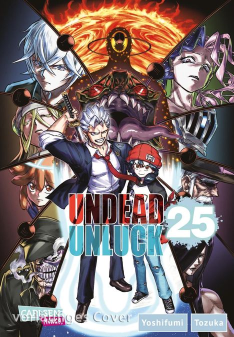 "UNDEAD UNLUCK 25", Illustration mit Figuren in dynamischen Posen, darunter ein Mann mit Schwert und ein Mädchen mit Mütze.