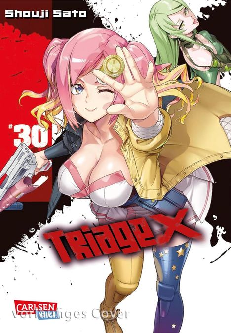 „Shouji Sato“, „#30“, „Triage X“. Zwei Anime-Figuren: eine mit pinken Haaren vorne, eine mit grünen Haaren hinten.