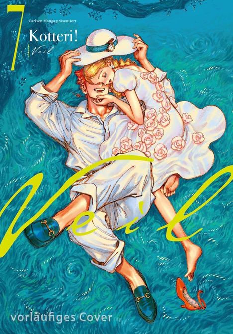 "7, Kotteri!, Veil, vorläufiges Cover." Illustration: Ein Paar liegt fröhlich auf grünem Gras.