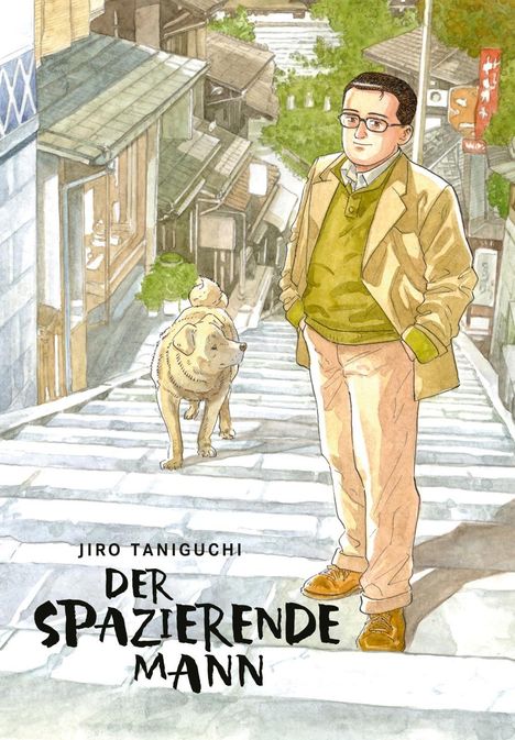 "Jiro Taniguchi. Der spazierende Mann." Illustration eines Mannes in Jacke mit Hund, der eine Treppe hinuntergeht.