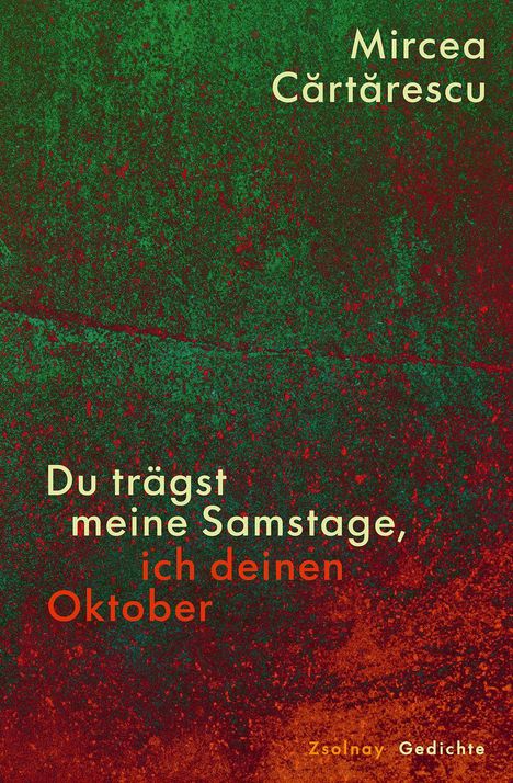 "Du trägst meine Samstage, ich deinen Oktober." Bunte abstrakte Illustration in Grün- und Rottönen.