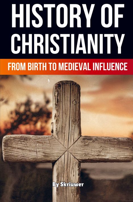 "History of Christianity: From Birth to Medieval Influence." Ein altes Holzkreuz vor einem unscharfen Hintergrund bei Sonnenuntergang.