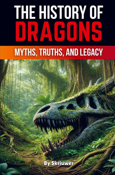 Text: „THE HISTORY OF DRAGONS: MYTHS, TRUTHS, AND LEGACY“. Eine Illustration zeigt ein verwachsenes Drachenskelett im Dschungel.