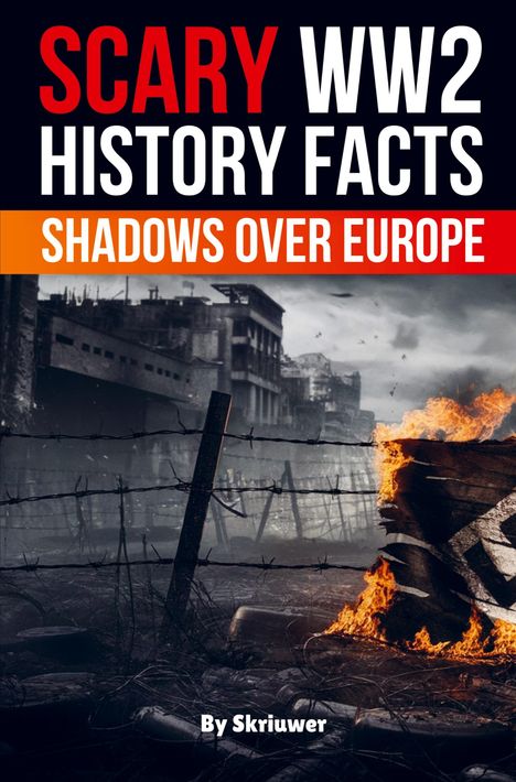 "SCARY WW2 HISTORY FACTS: SHADOWS OVER EUROPE" steht über einem düsteren, zerstörten Gebäude hinter Stacheldraht.