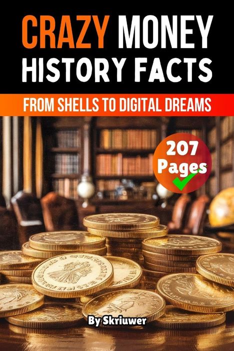 "CRAZY MONEY HISTORY FACTS. FROM SHELLS TO DIGITAL DREAMS. 207 Pages. By Skriuwer." Goldmünzen vor einem Bücherregal.